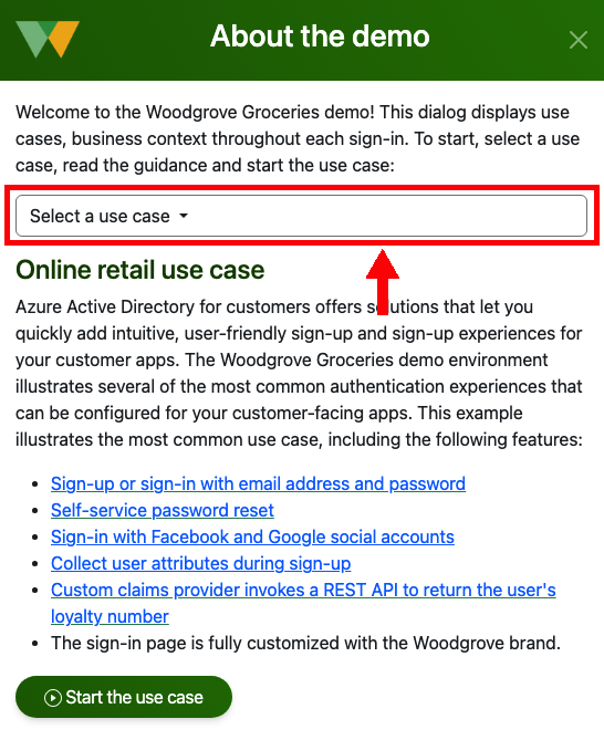 Screenshot of the use case selection dropdown list