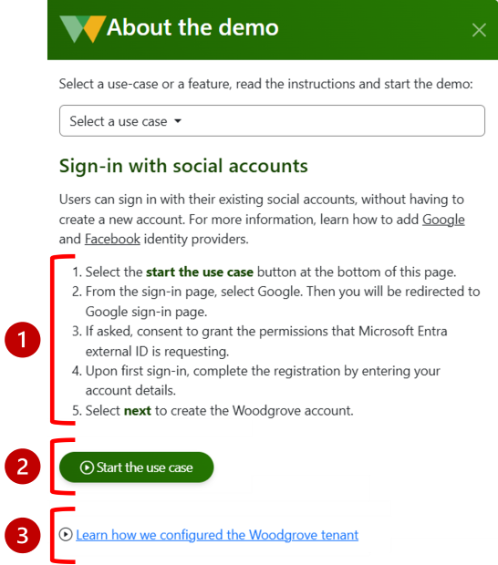 Screenshot of a use case card showing instructions, start button, and configuration link